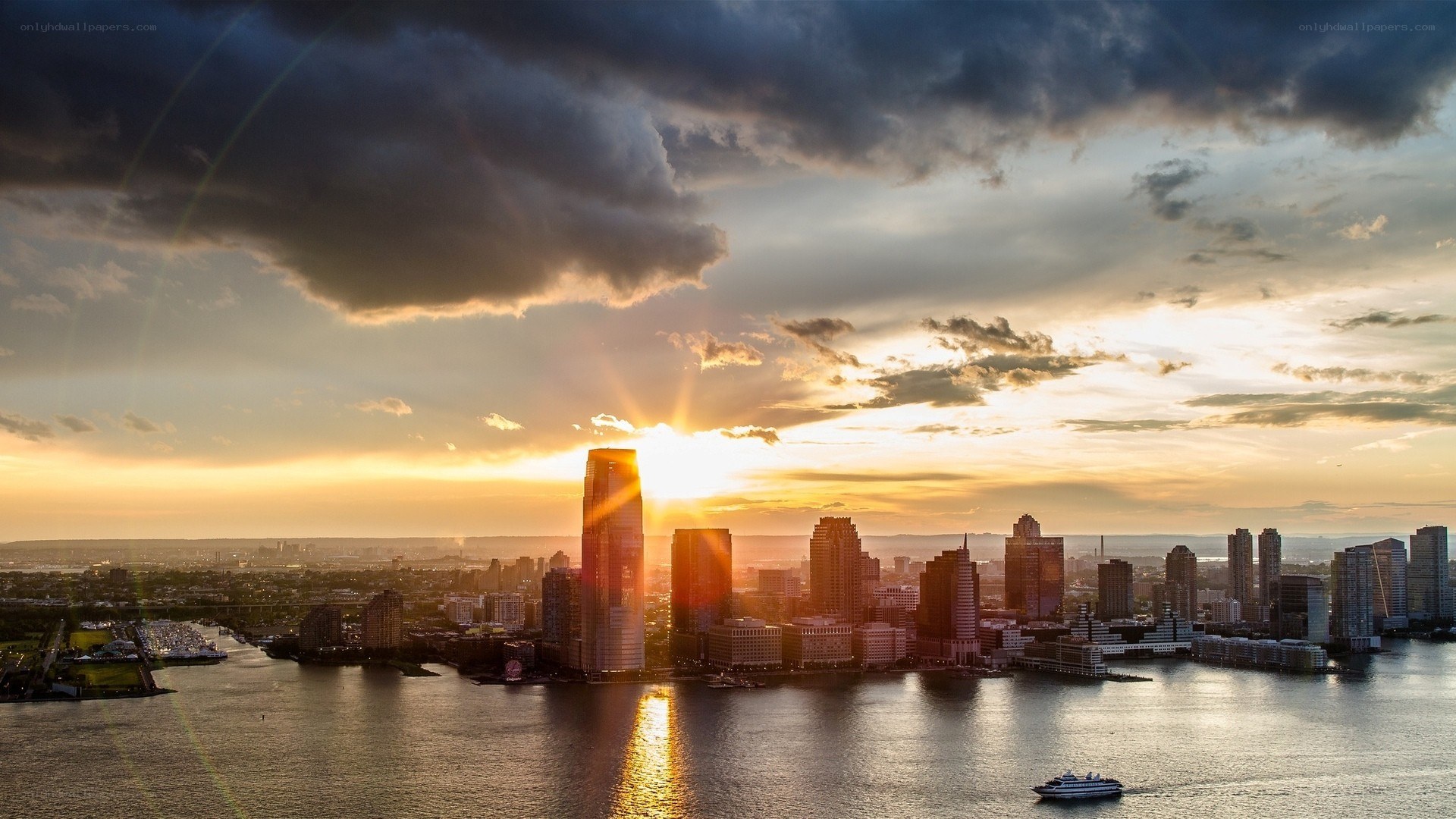 Sunset over city skyline