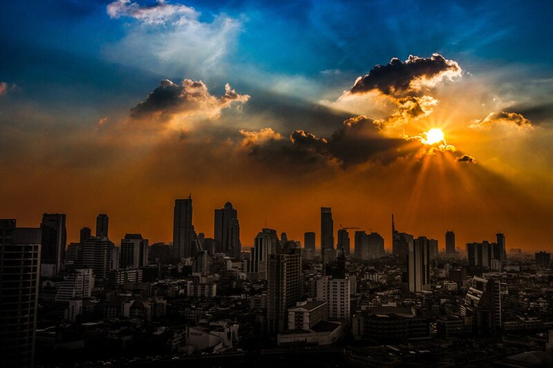 Sunset over city skyline