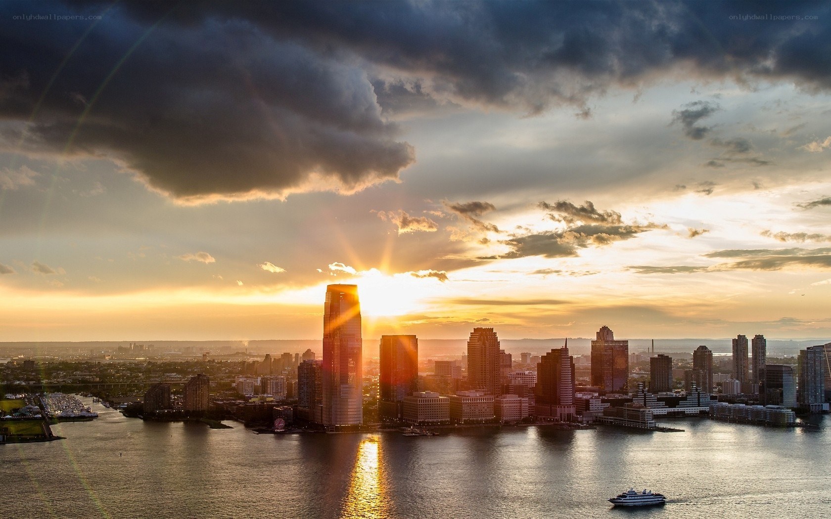 Sunset over city skyline
