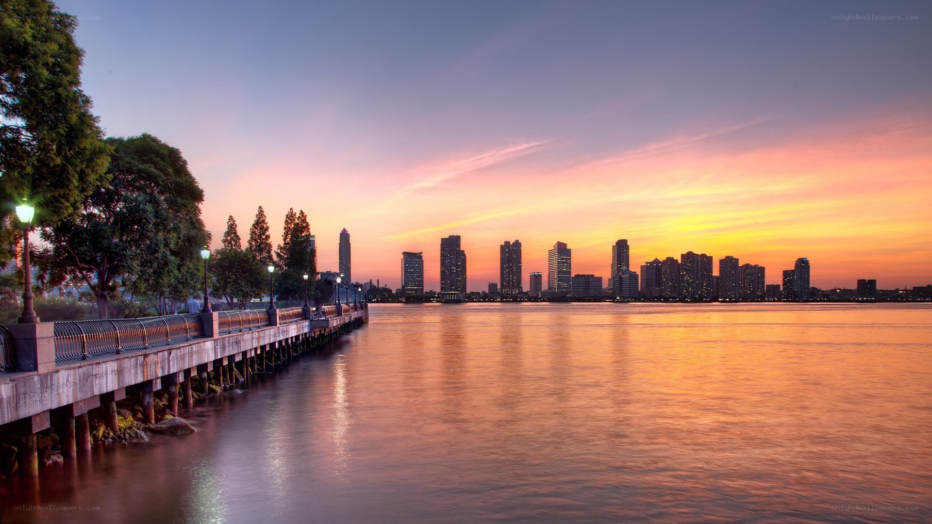 sunset over city skyline