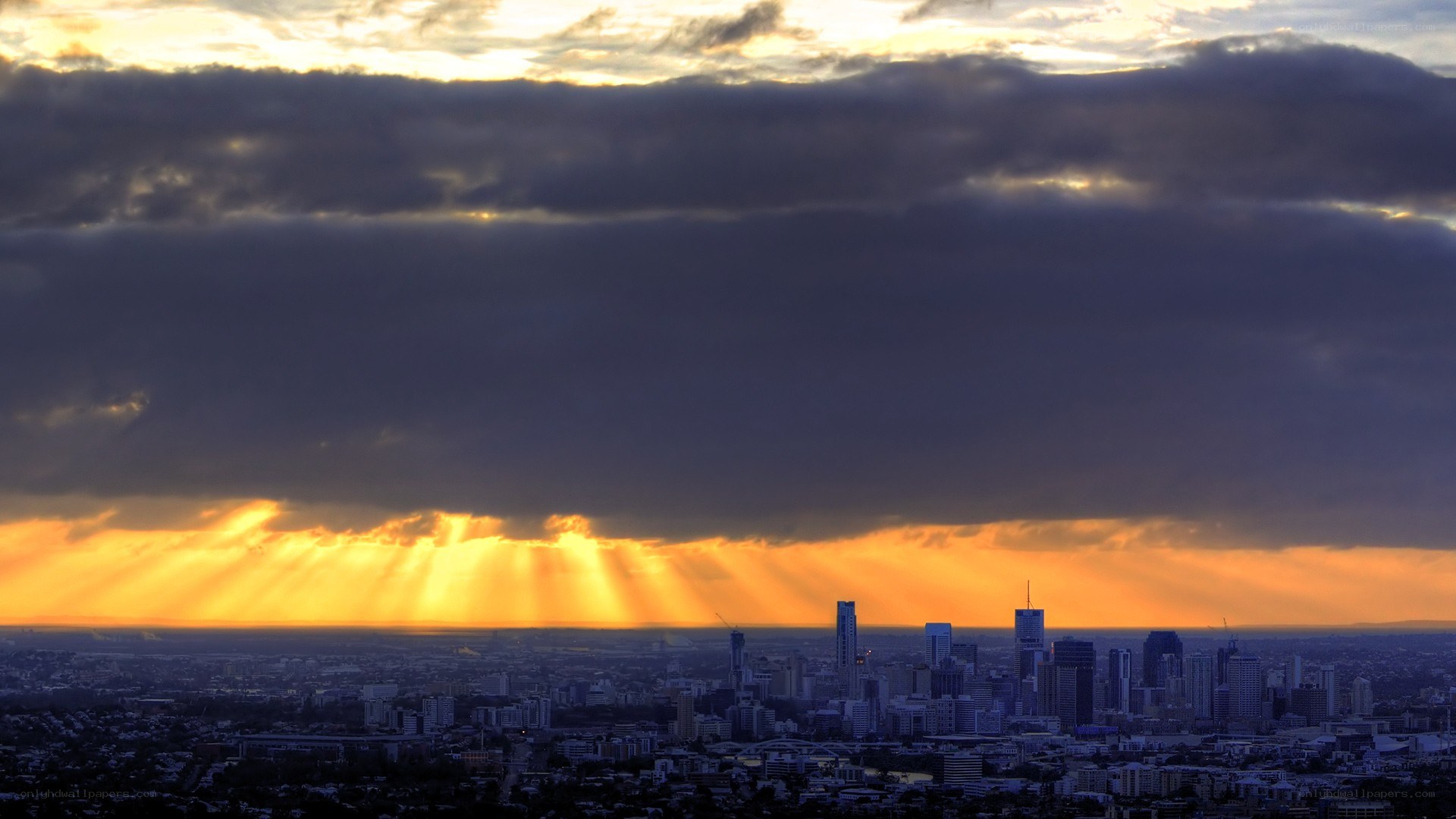 Sunset over city skyline