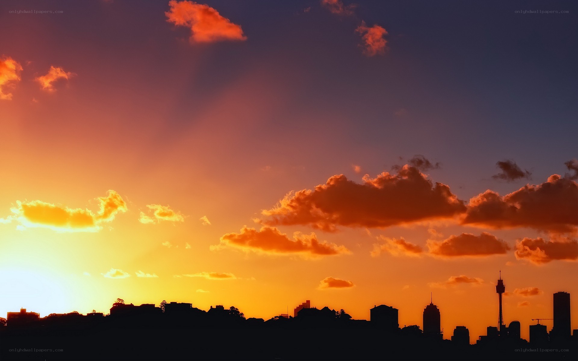 sunset over city skyline