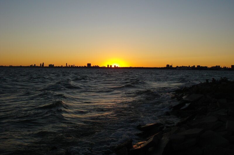 Sunset over city skyline