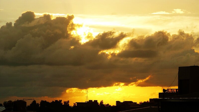 sunset over city skyline