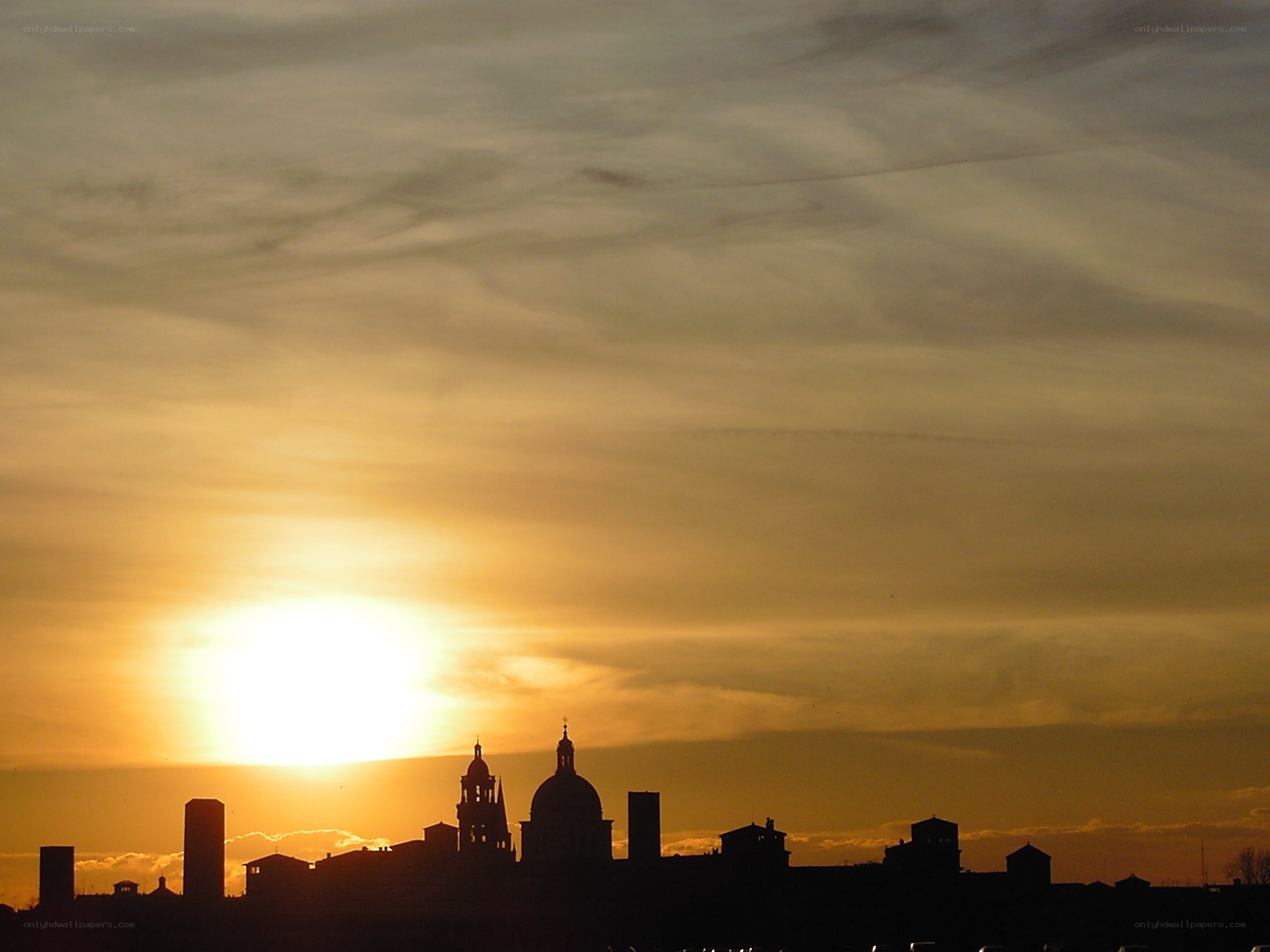 Sunset over city skyline