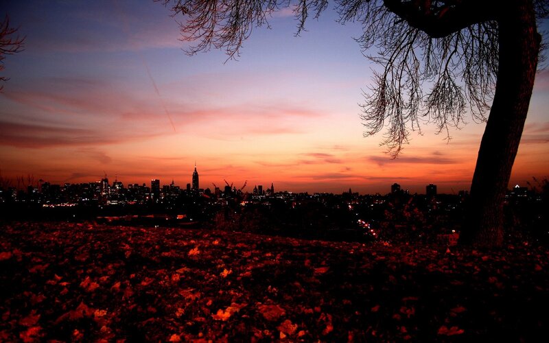 sunset over city skyline