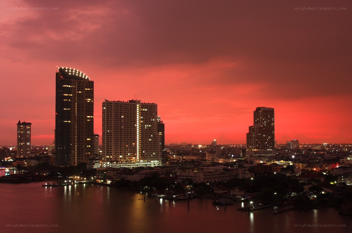 sunset over city skyline