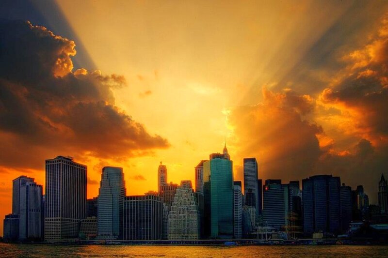 Sunset over city skyline