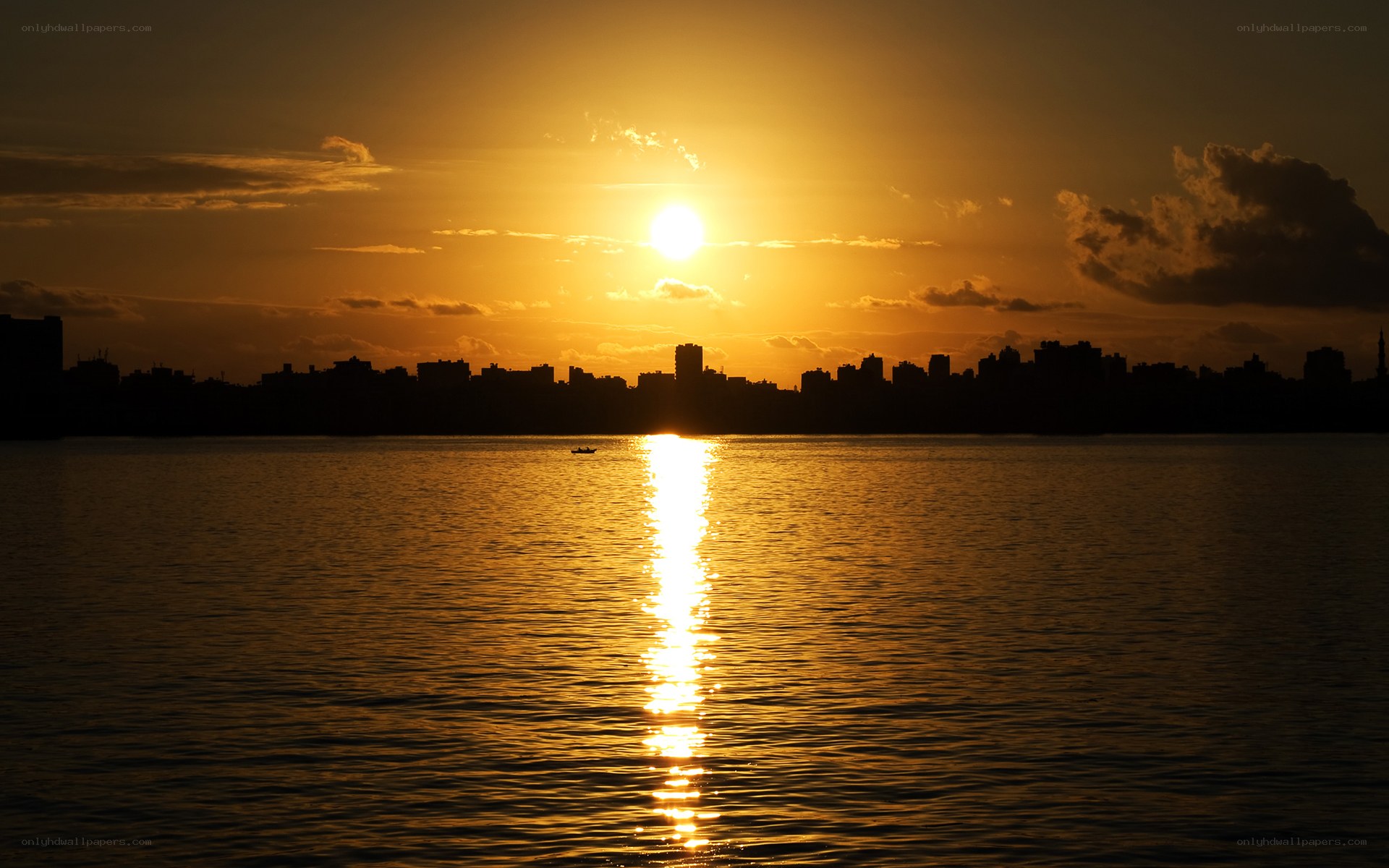 Sunset over city skyline