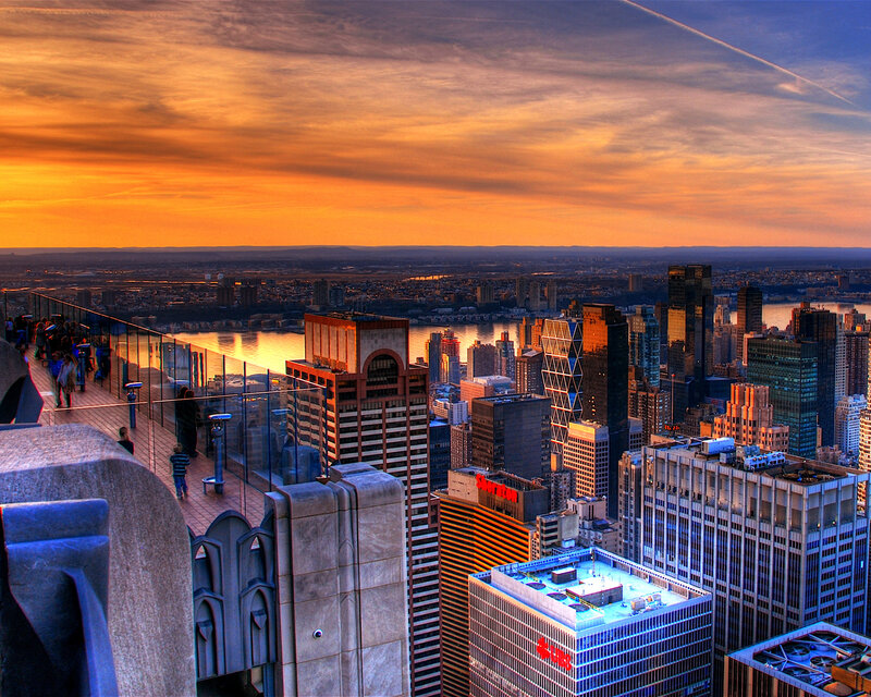 Sunset over city skyline