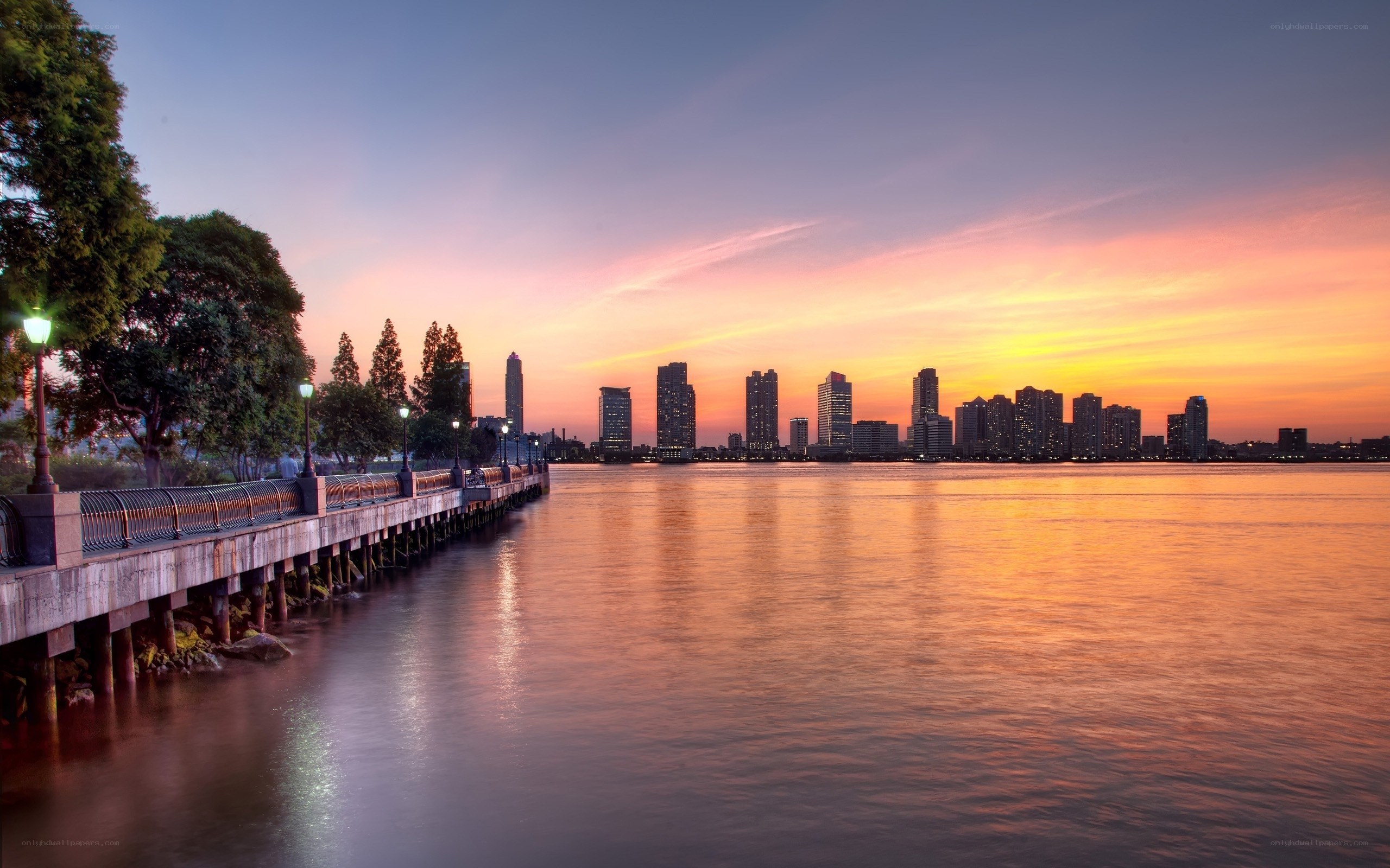 Sunset over city skyline