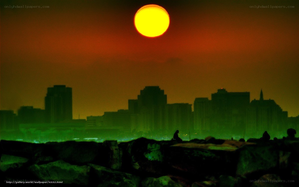 Sunset over city skyline