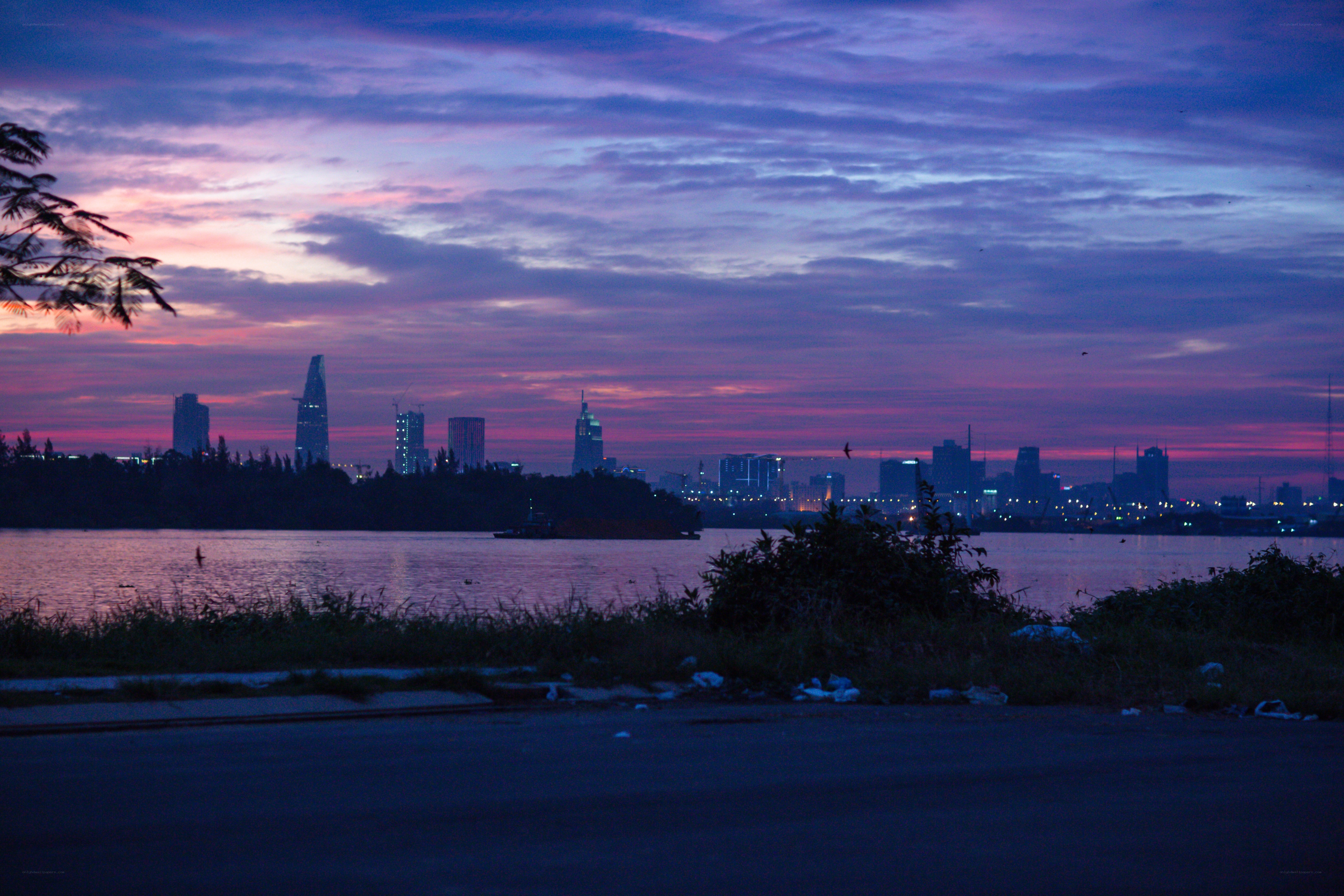 Sunset over city skyline
