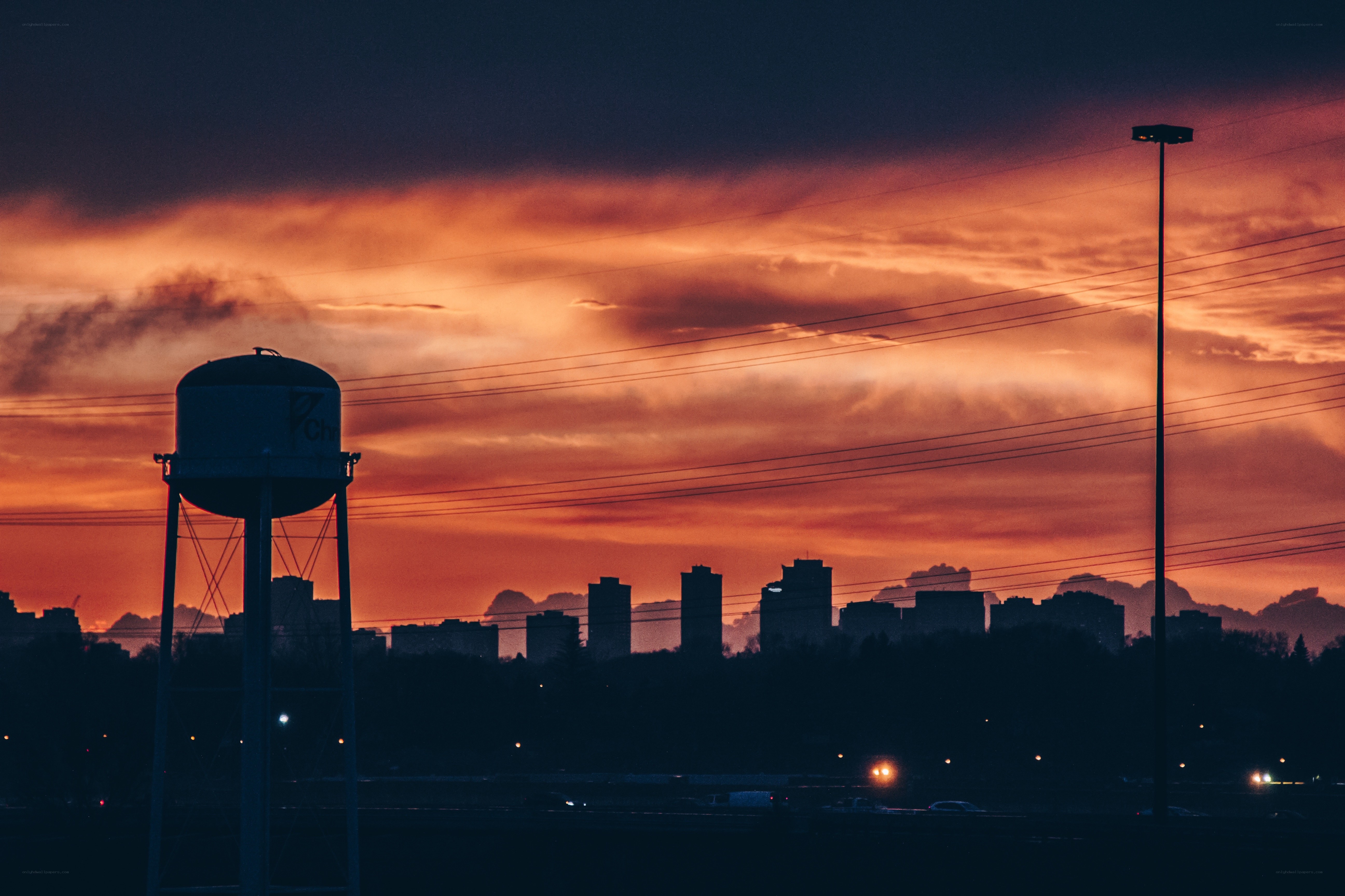 sunset over city skyline