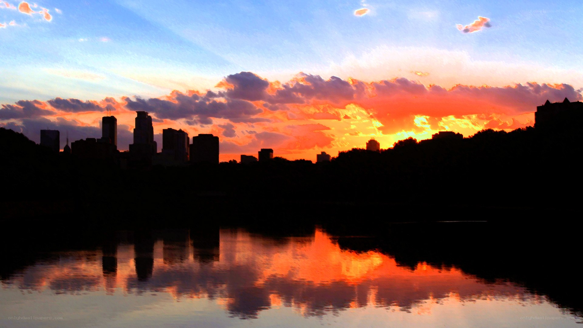 sunset over city skyline