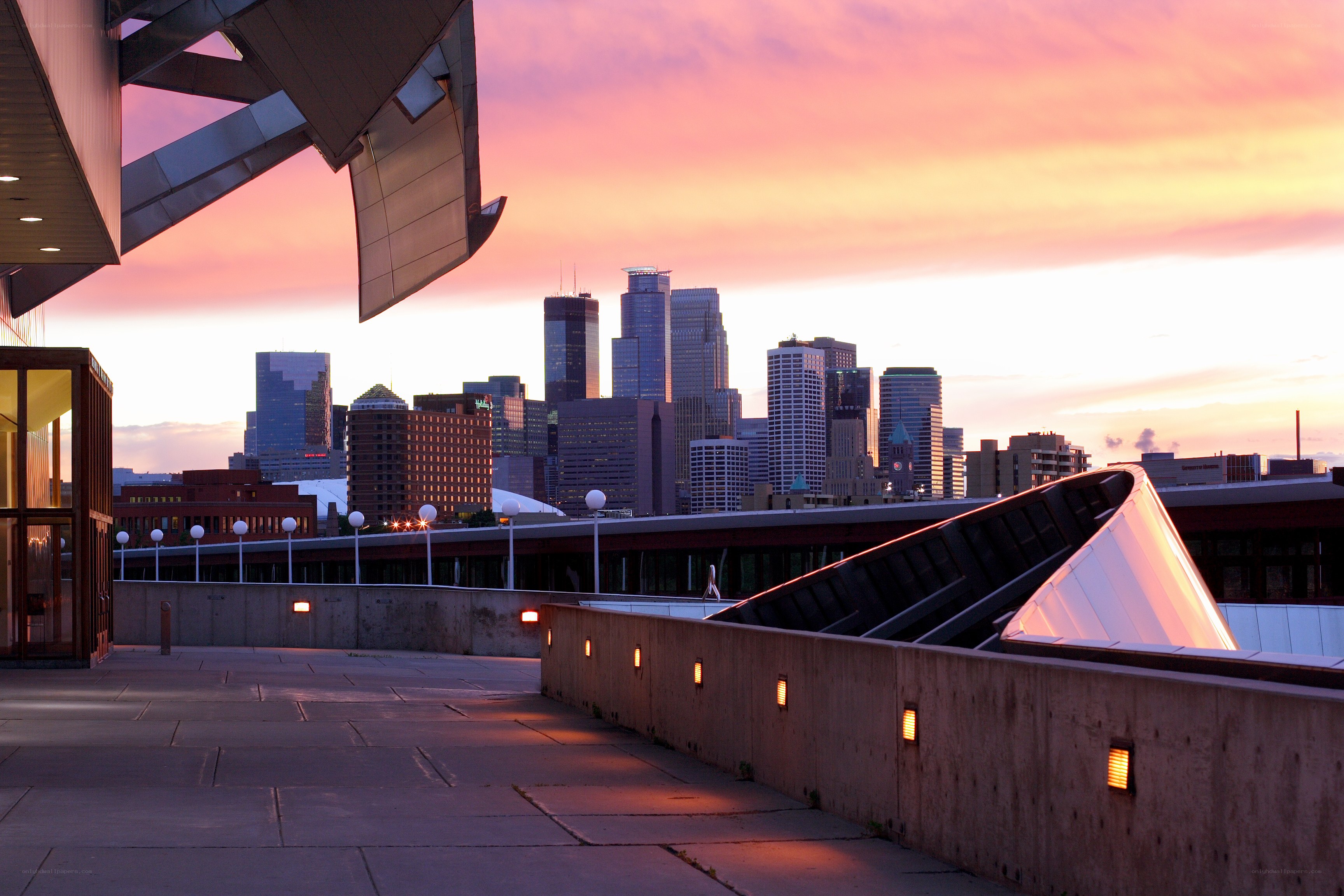 Sunset over city skyline
