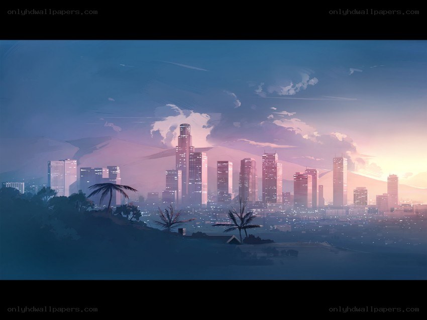 sunset over city skyline