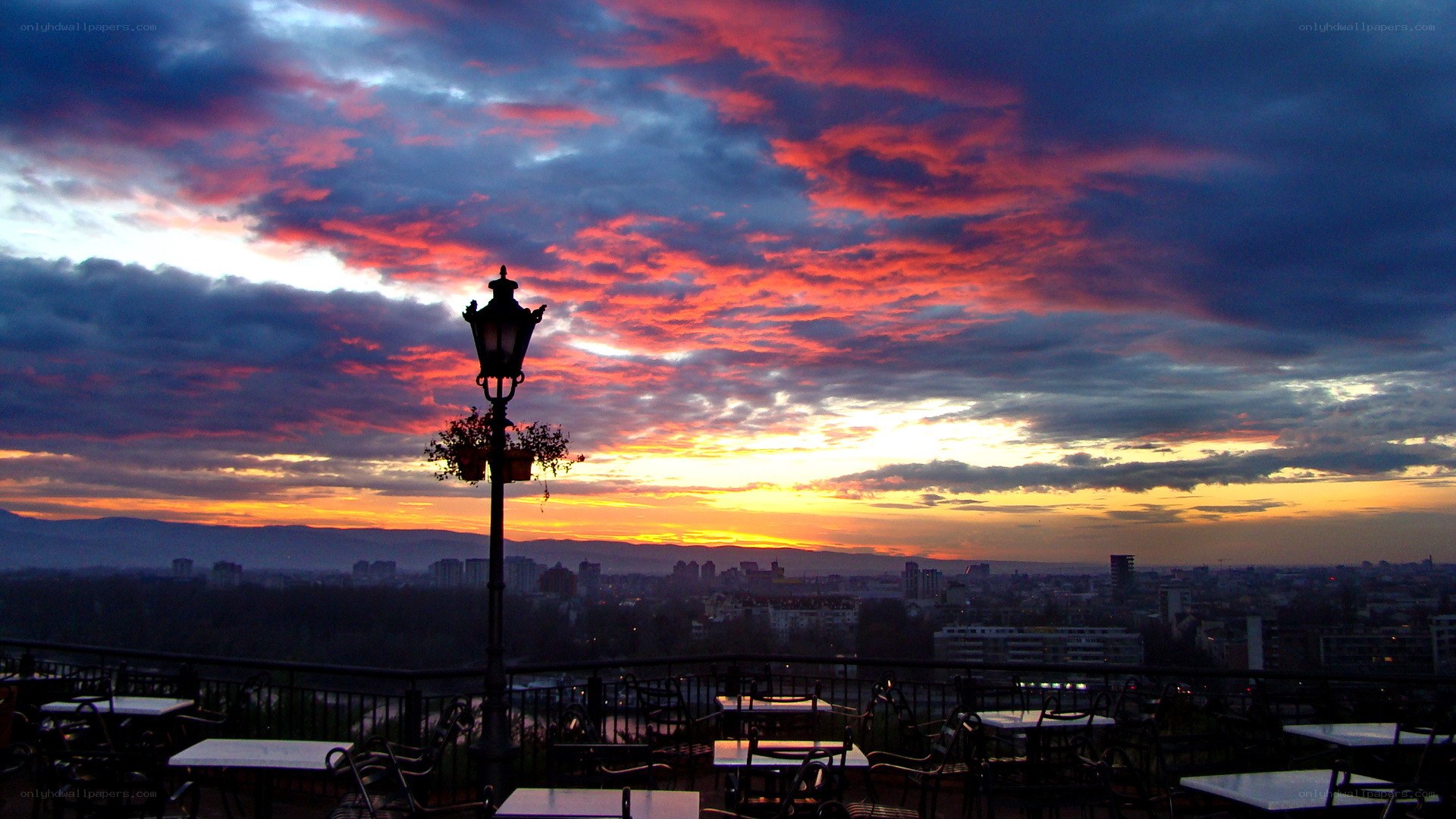 sunset over city skyline
