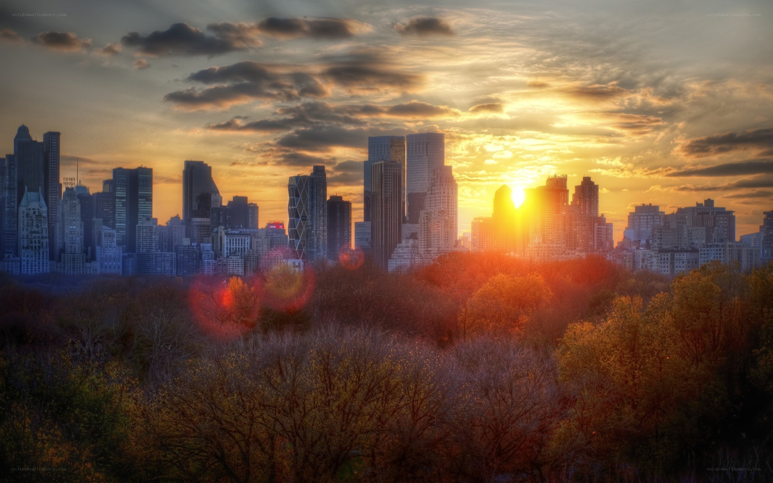 Sunset over city skyline