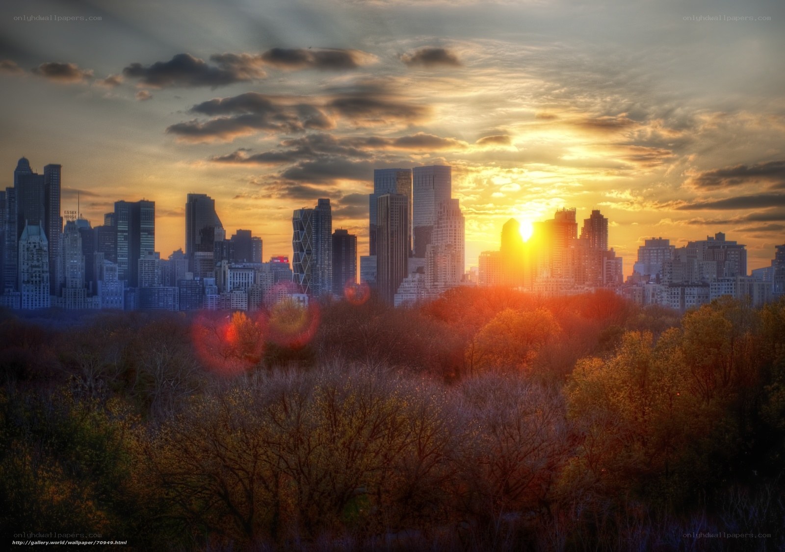 Sunset over city skyline