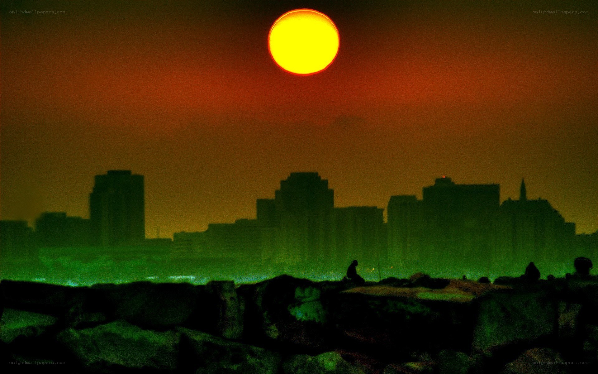 Sunset over city skyline