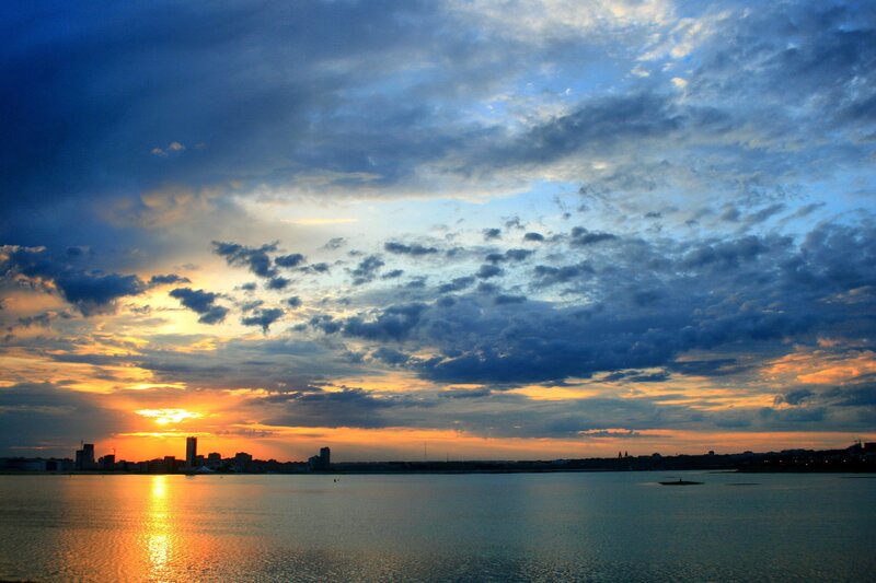Sunset over city skyline