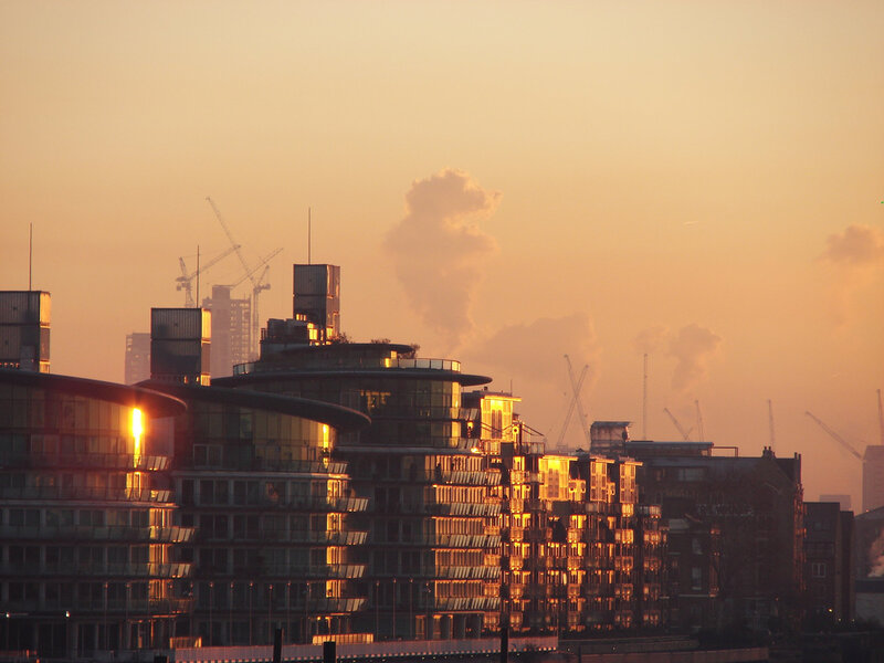 Sunset over city skyline