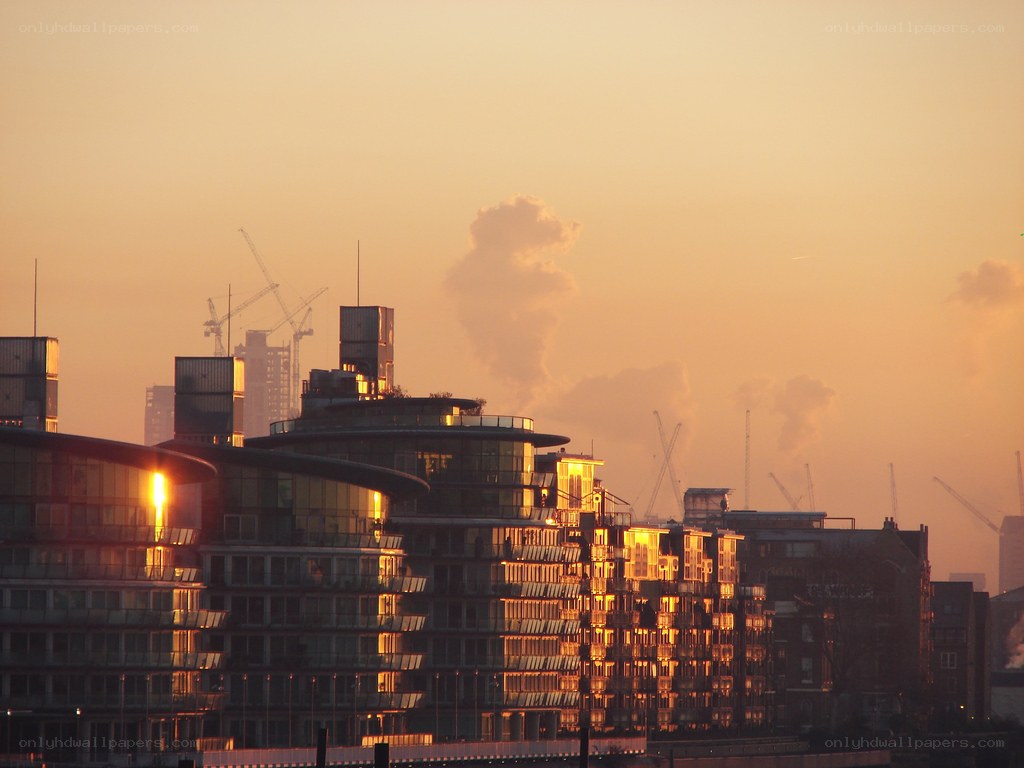 Sunset over city skyline