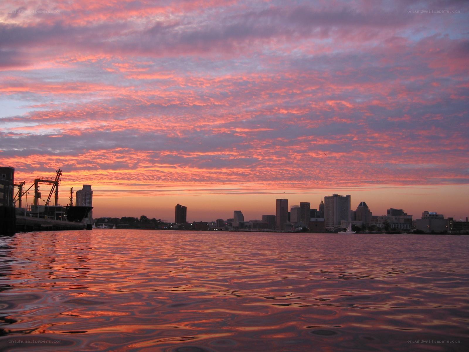 sunset over city skyline