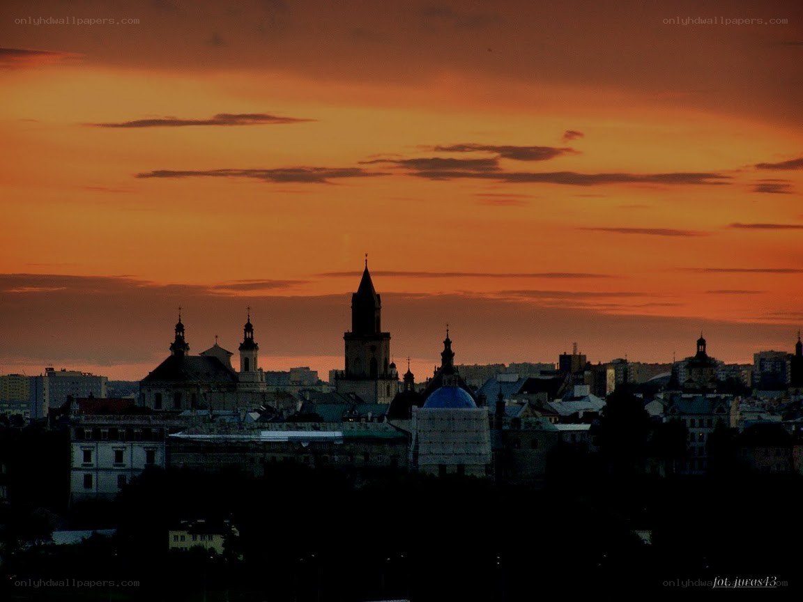 sunset over city skyline