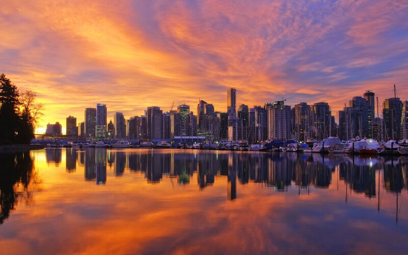 Sunset over city skyline
