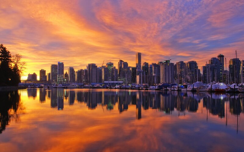 Sunset over city skyline