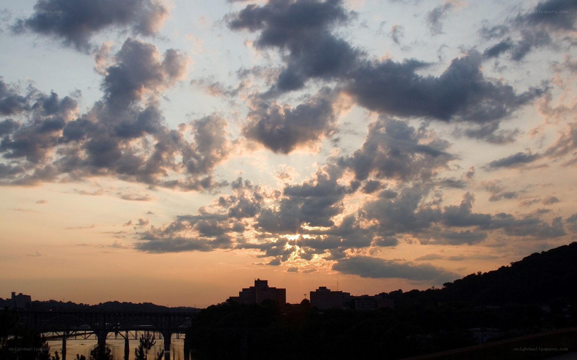 sunset over city skyline