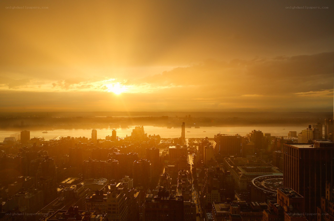 Sunset over city skyline
