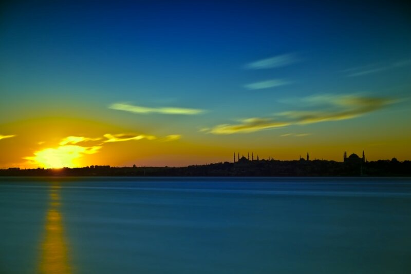 Sunset over City Skyline — Blue, Serene, Photograph, Sky