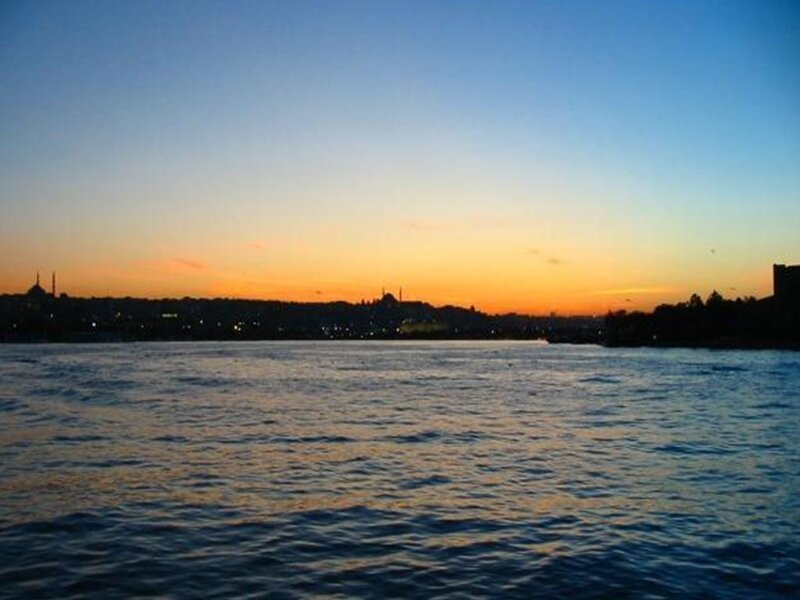 Sunset over City Skyline — Blue, Serene, Photograph