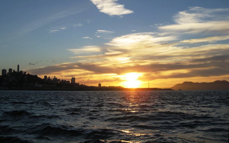Sunset over City Skyline — Blue, Serene, Photograph, Water, Birds