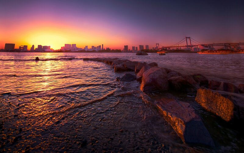 Sunset over City Skyline — Orange, Dramatic, Photograph, Bridge