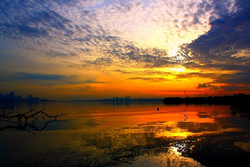 Sunset over City Skyline — Orange, Dramatic, Photograph, City Skyline