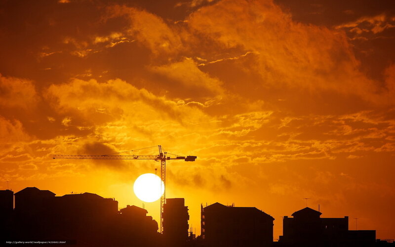 Sunset over City Skyline — Orange, Dramatic, Photograph, Crane