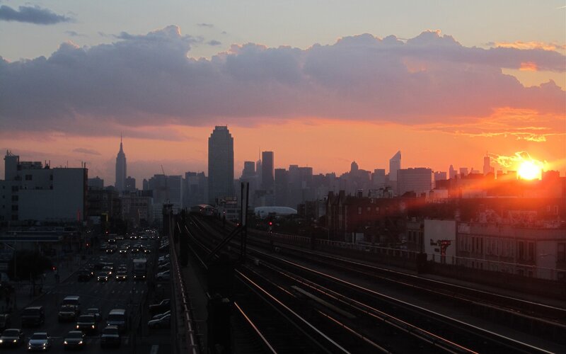 Sunset over City Skyline — Orange, Dramatic, Photograph, Skyscraper