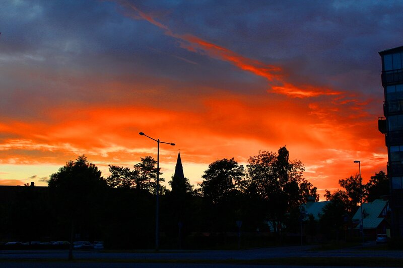 Sunset over City Skyline — Orange, Dramatic, Photograph, Trees