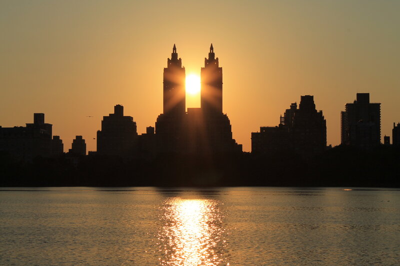 Sunset over City Skyline — Orange, Serene, Photograph