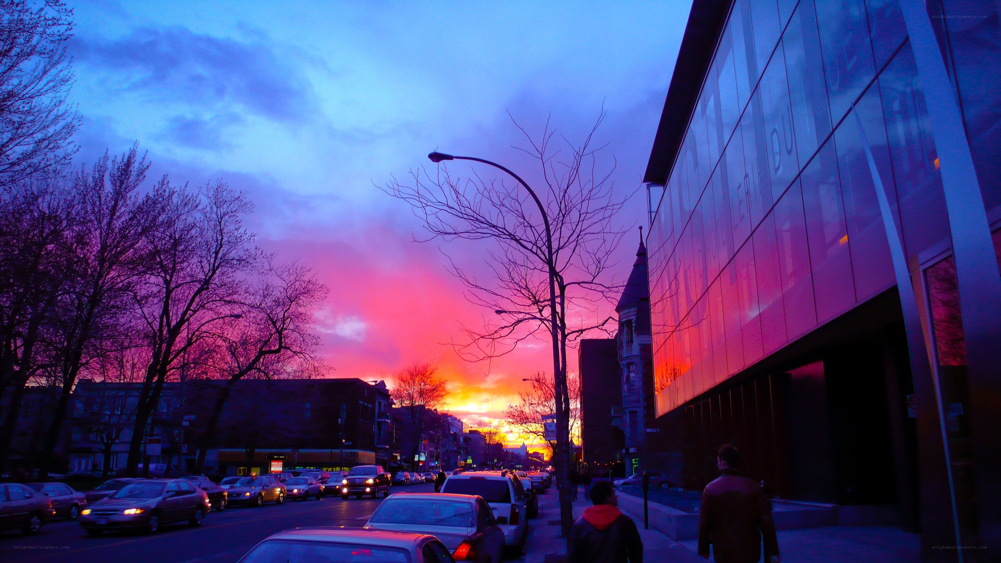 Sunset over city street