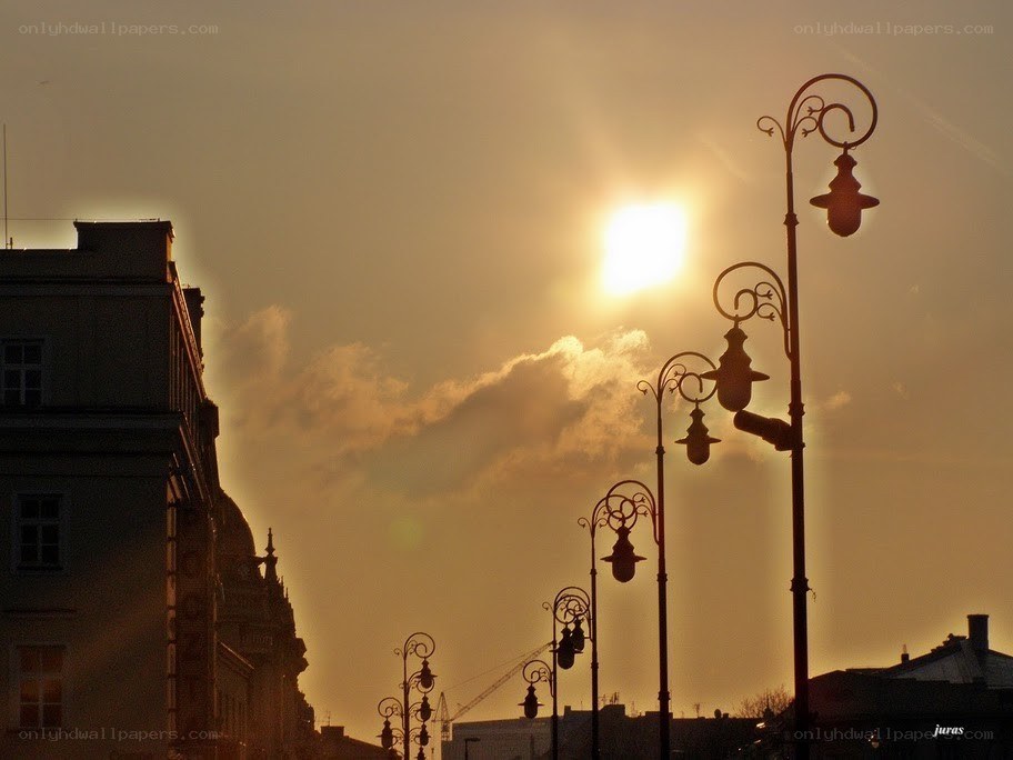 Sunset over city street