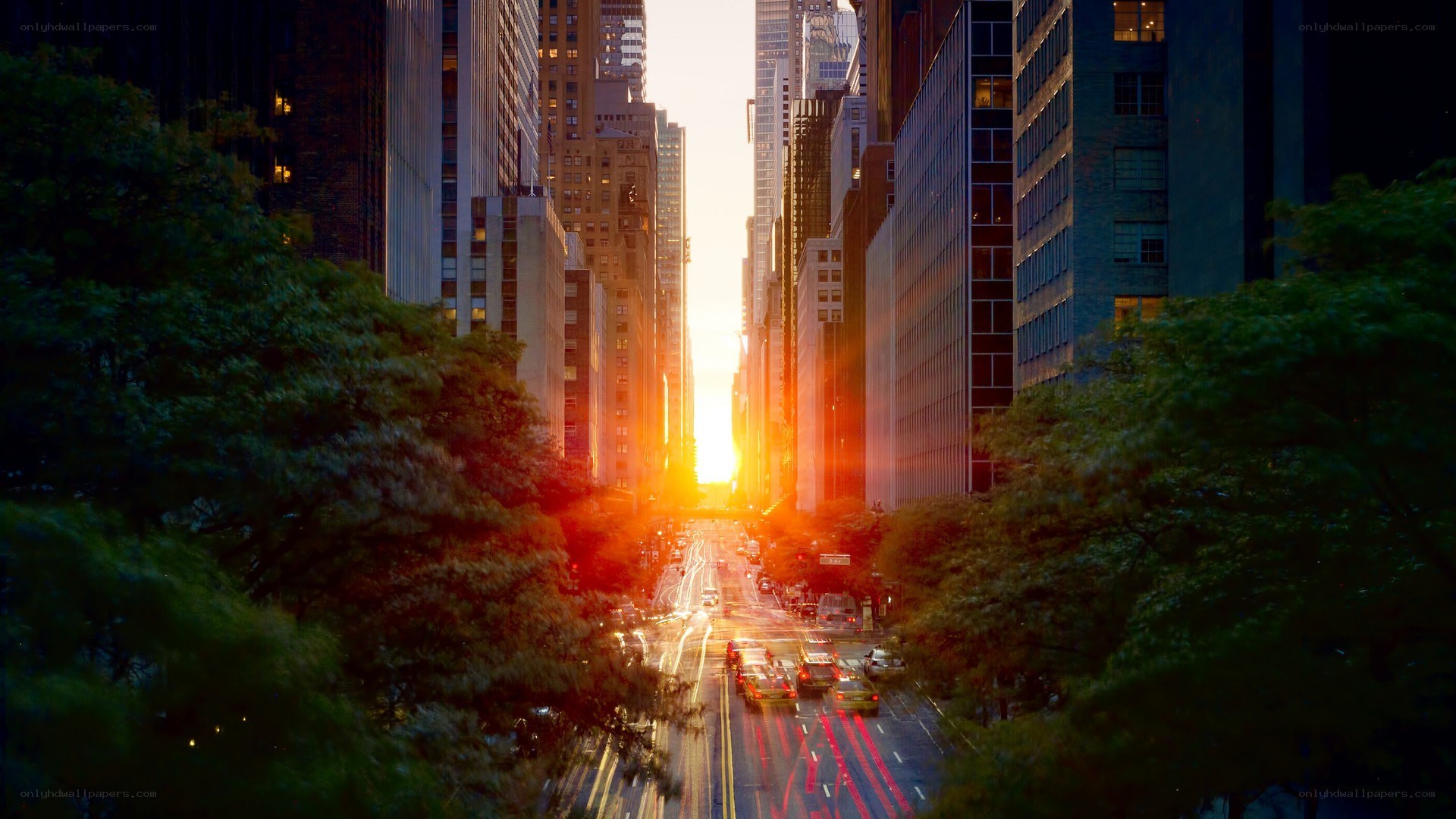 Sunset over city street