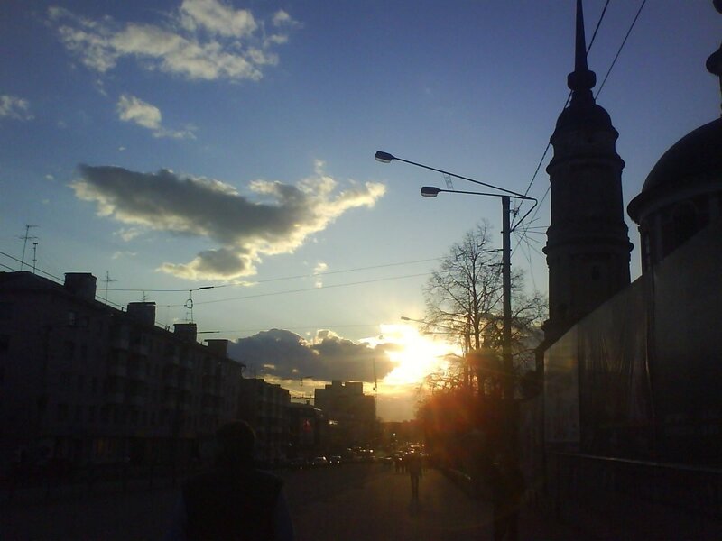 Sunset over city street