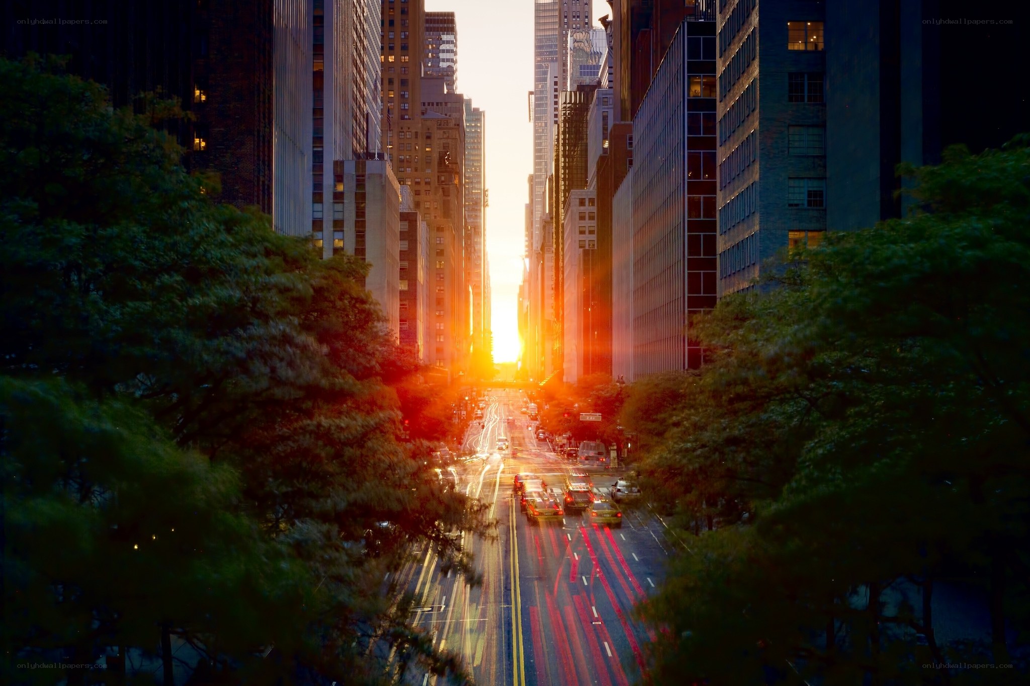 Sunset over city street