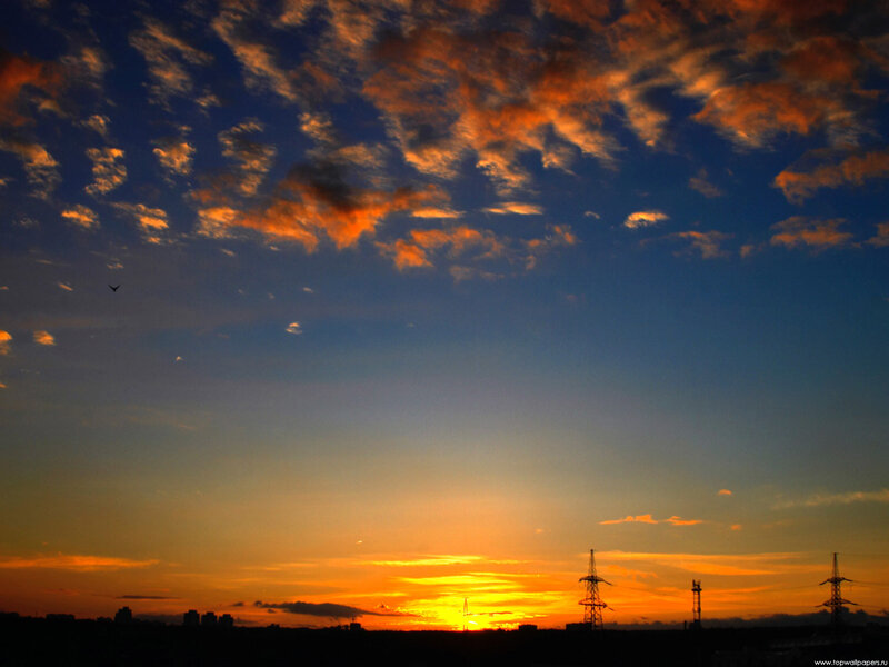 Sunset over Cityscape — Orange, Dramatic, Photograph, Clouds, Power Lines