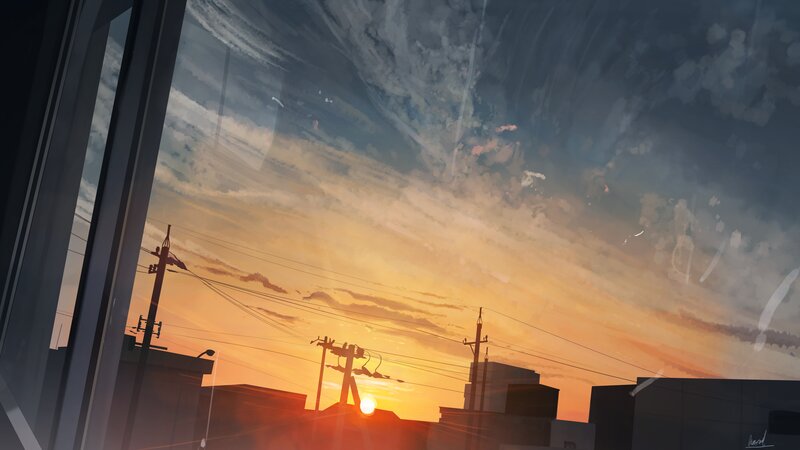 Sunset over Cityscape — Orange, Serene, Digital Art